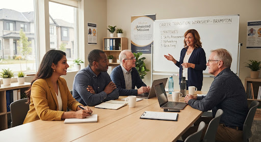 Adult learners seated around a seminar table in Brampton discussing career transition strategies with an instructor, supportive and warm educational atmosphere.