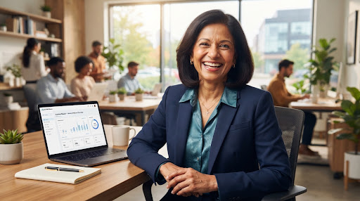 Portrait of Grace, an elegant 54-year-old South Asian woman in Brampton Ontario smiling radiantly in a professional workspace, warm lighting, approachable and victorious expression.