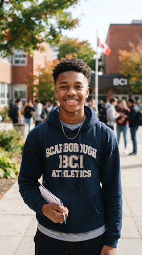 Portrait of Jordan, a 16-year-old confident young black Canadian student from Scarborough smiling in a high school campus setting, natural lighting, genuine and optimistic.