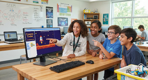 Young pre-teen students smiling around a computer monitor presenting a colorful game they coded, clean modern laboratory with natural daylight and educational charts.