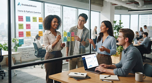 Young diverse adults brainstorming startup strategy with sticky notes and laptops on a glass whiteboard, bright natural lighting, professional teamwork.