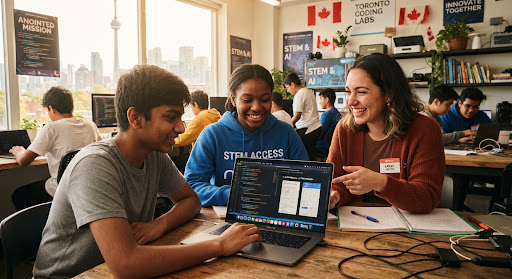A warm, bright photography shot of an engaged diverse Canadian youth and mentor reviewing laptop code and AI designs together inside a sunlit Toronto community lab, smiling warmly with modern educational materials in the background, candid realistic aesthetic with amber natural highlights.