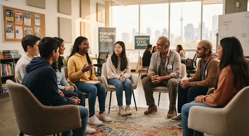Diverse teen youth in an open circle discussion with a smiling older mentor listening supportively in a warmly lit civic studio in Toronto, genuine connection.