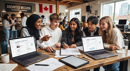 High school teenagers collaborating intensely on a web application mockup on laptops in a community space, focused, energized, high quality modern Canadian youth fellowship atmosphere.