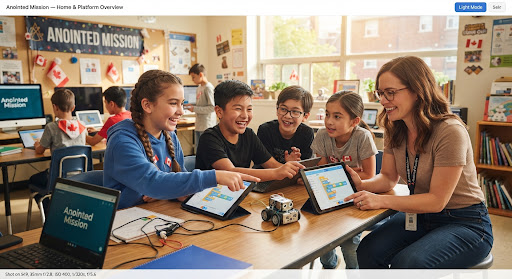 Happy pre-teen Canadian children in an after-school technology and creative coding club collaborating with positive energy on tablets and small robots, teacher assisting with care in a warm sunlit community classroom.